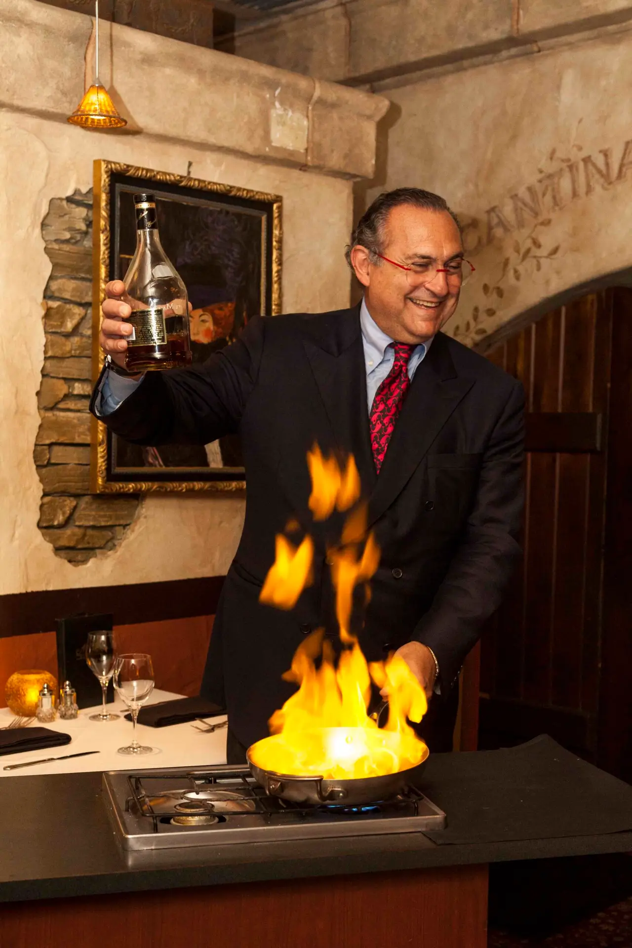 Antonio preparing flambé in our main dining room